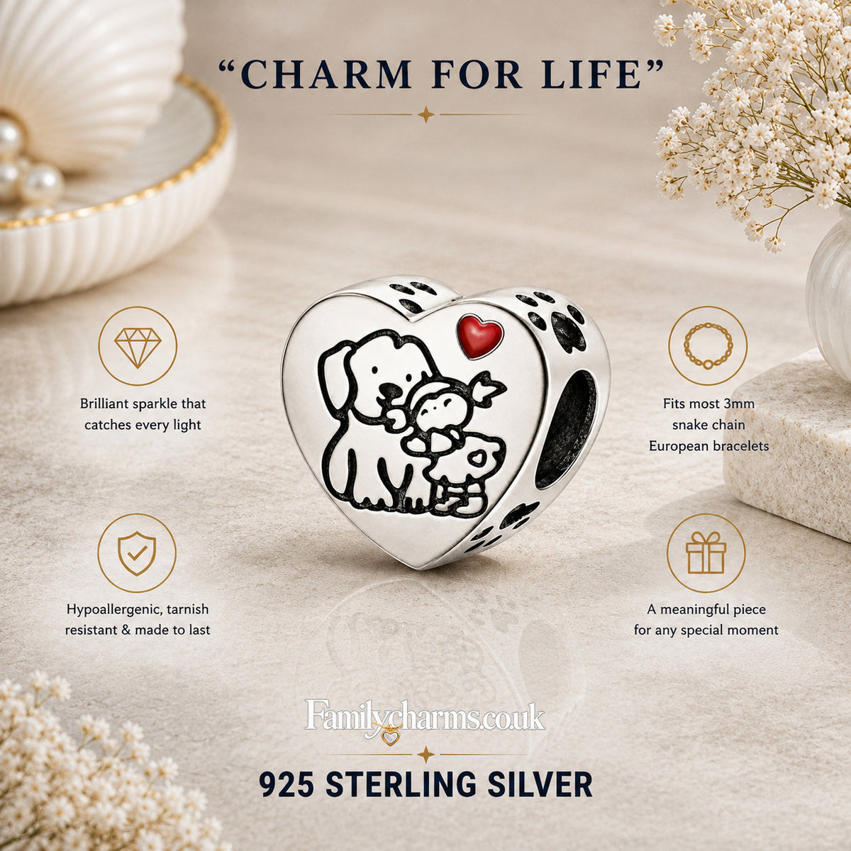 Small Girl Embraces Dog Puppy Pet Heart Charm for Bracelet, S925 Sterling Silver