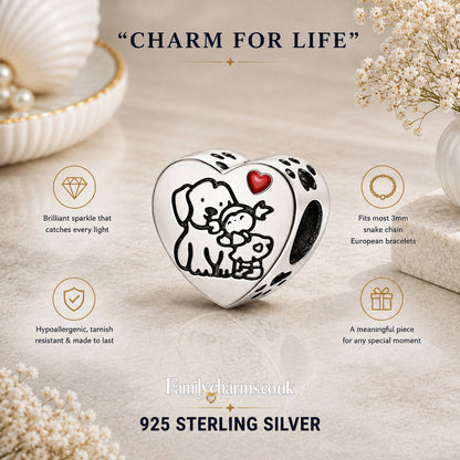 Small Girl Embraces Dog Puppy Pet Heart Charm for Bracelet, S925 Sterling Silver
