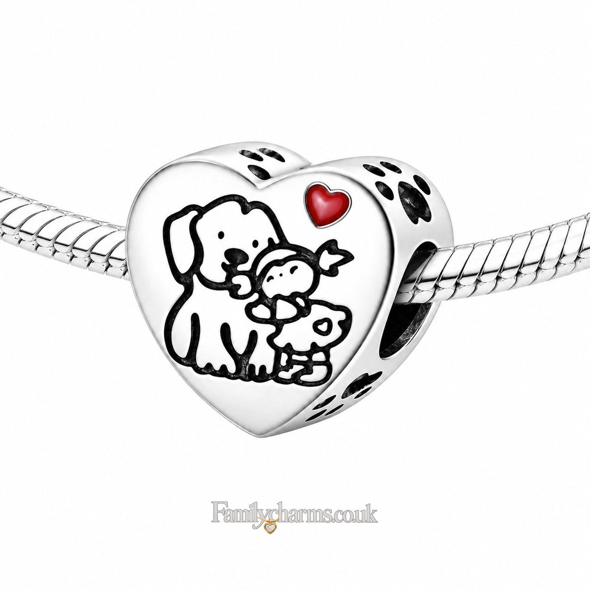 Small Girl Embraces Dog Puppy Pet Heart Charm for Bracelet, S925 Sterling Silver