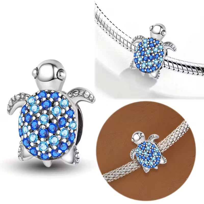 Sparkling Blue Turtle Bead Sterling Silver Charm Hallmarked S925 for Charm Bracelet and Necklace