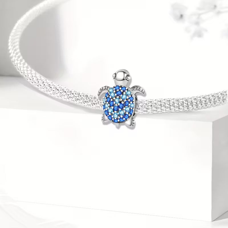 Sparkling Blue Turtle Bead Sterling Silver Charm Hallmarked S925 for Charm Bracelet and Necklace