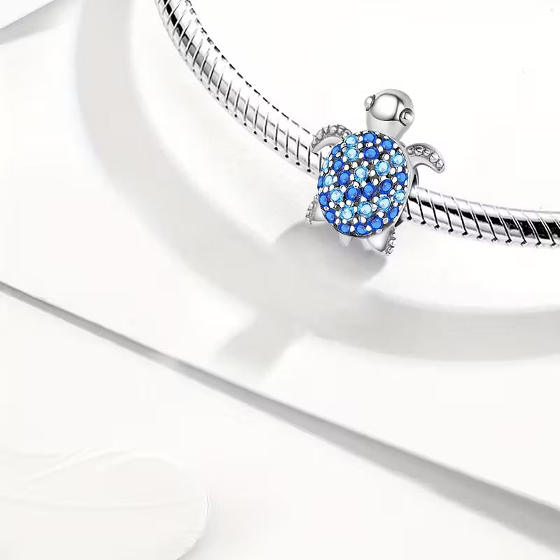 Sparkling Blue Turtle Bead Sterling Silver Charm Hallmarked S925 for Charm Bracelet and Necklace