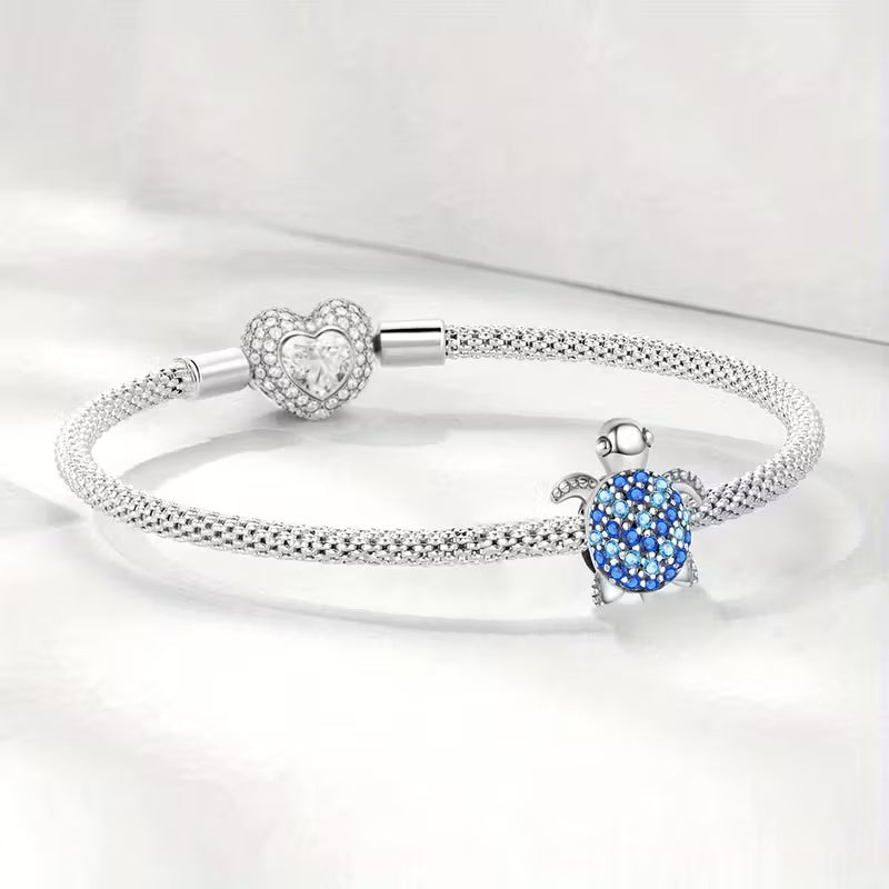 Sparkling Blue Turtle Bead Sterling Silver Charm Hallmarked S925 for Charm Bracelet and Necklace