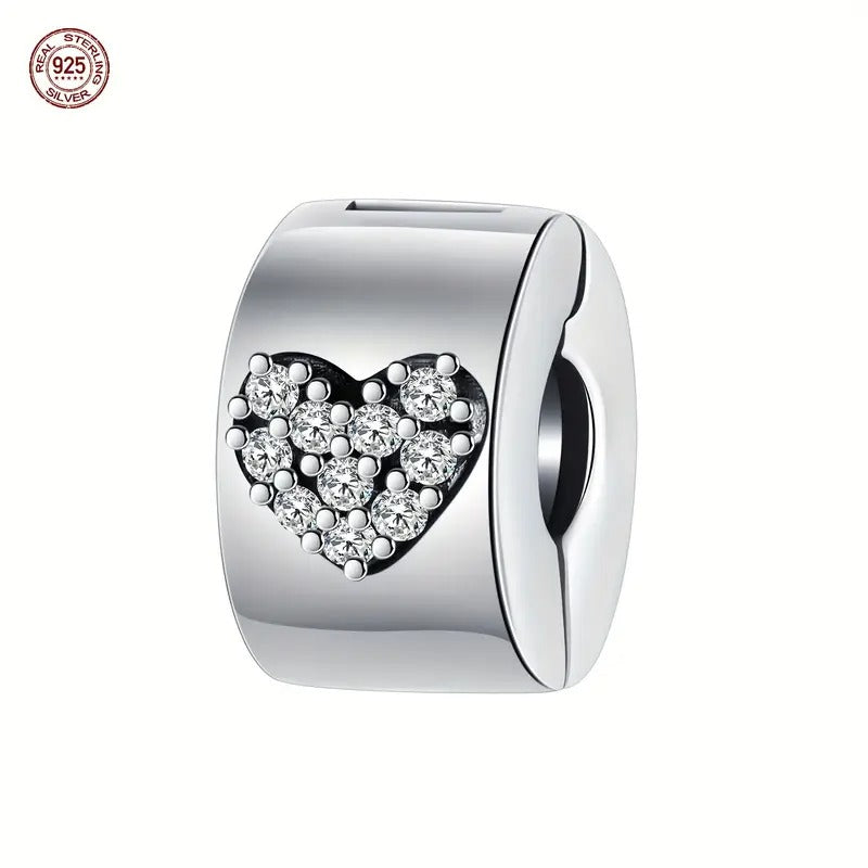 Sparkling Love Heart Clip Sterling Silver Charm Hallmarked S925 for Charm Bracelet and Necklace