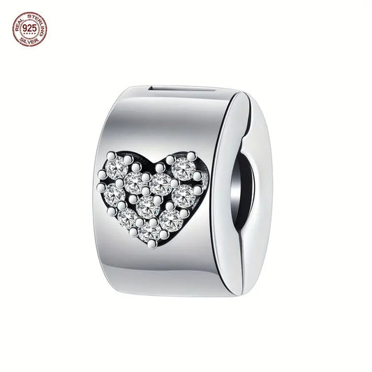 Sparkling Love Heart Clip Sterling Silver Charm Hallmarked S925 for Charm Bracelet and Necklace