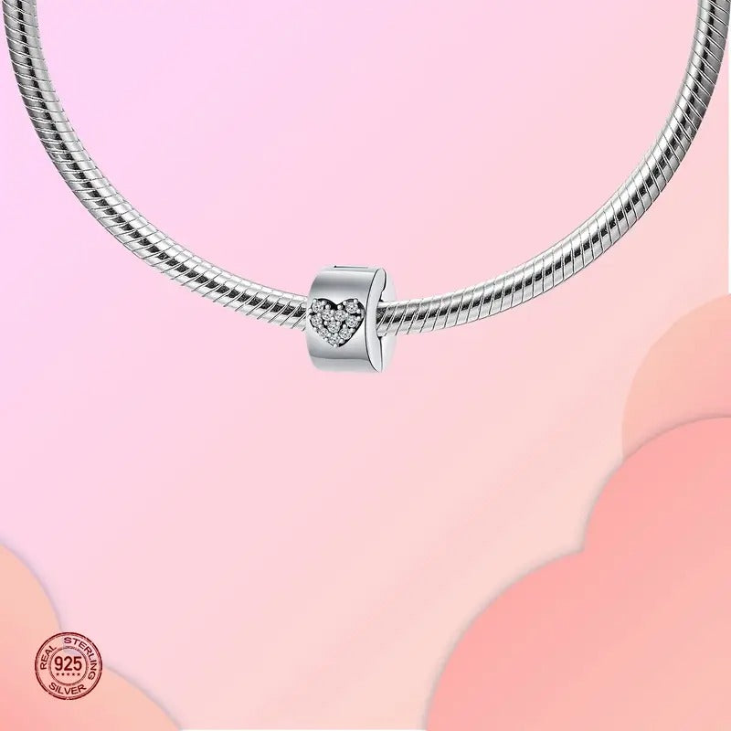 Sparkling Love Heart Clip Sterling Silver Charm Hallmarked S925 for Charm Bracelet and Necklace