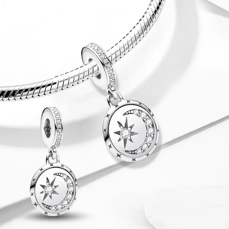 Sparkling Moon Star Dangle Sterling Silver Charm Hallmarked S925 for Charm Bracelet and Necklace