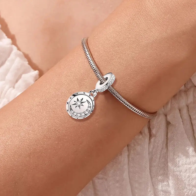 Sparkling Moon Star Dangle Sterling Silver Charm Hallmarked S925 for Charm Bracelet and Necklace