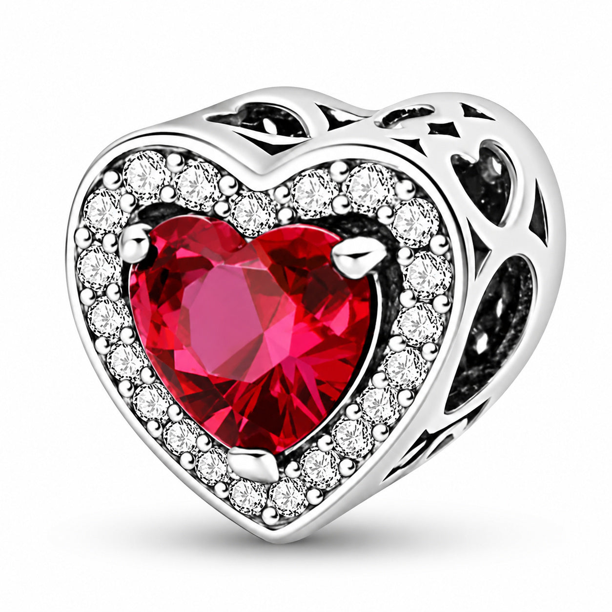 Sparkling Red Heart Bead Charm Hallmarked S925 for Charm Bracelet and Necklace