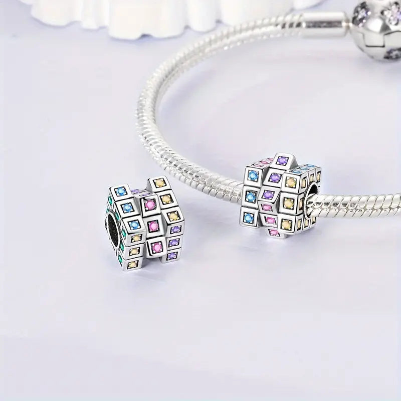 Sparkling Rubik's Cube Bead Sterling Silver Charm Hallmarked S925 for Charm Bracelet and Necklace