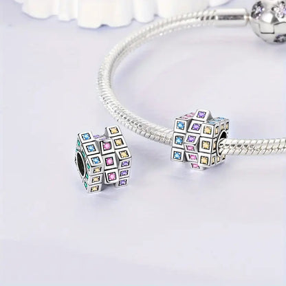 Sparkling Rubik's Cube Bead Sterling Silver Charm Hallmarked S925 for Charm Bracelet and Necklace