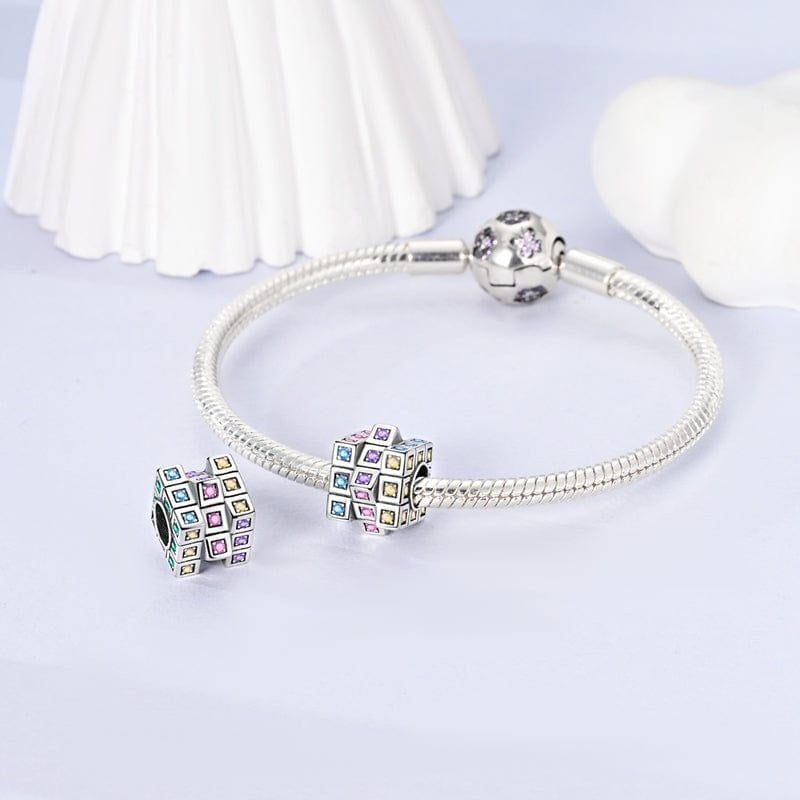 Sparkling Rubik's Cube Bead Sterling Silver Charm Hallmarked S925 for Charm Bracelet and Necklace