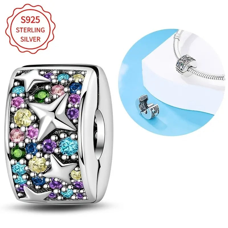 Sparkling Stars Clip Sterling Silver Charm Hallmarked S925 for Charm Bracelet and Necklace