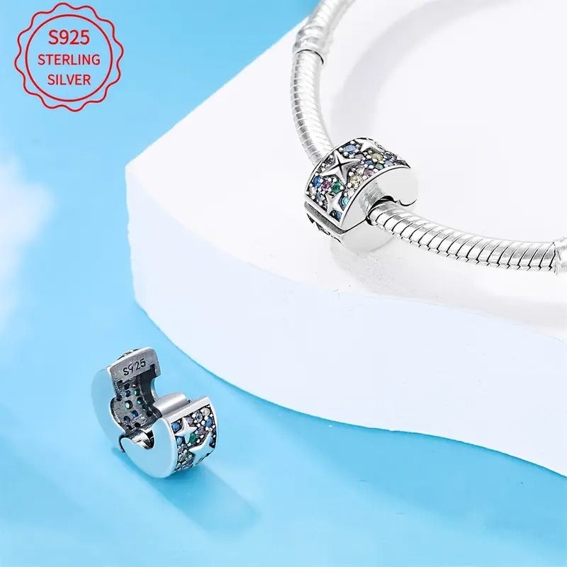 Sparkling Stars Clip Sterling Silver Charm Hallmarked S925 for Charm Bracelet and Necklace