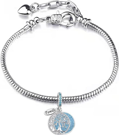 Sparkling Tree of Life Family Charm Blue Charm for Bracelet, S925 Sterling Silver