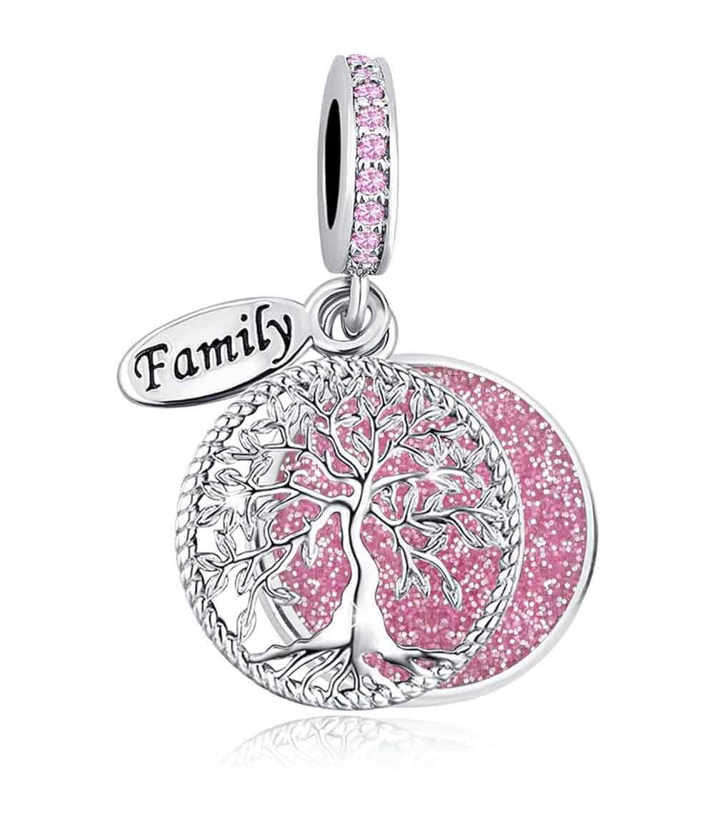 Sparkling Tree Of Life Family Charm Pink Charm for Bracelet, S925 Sterling Silver