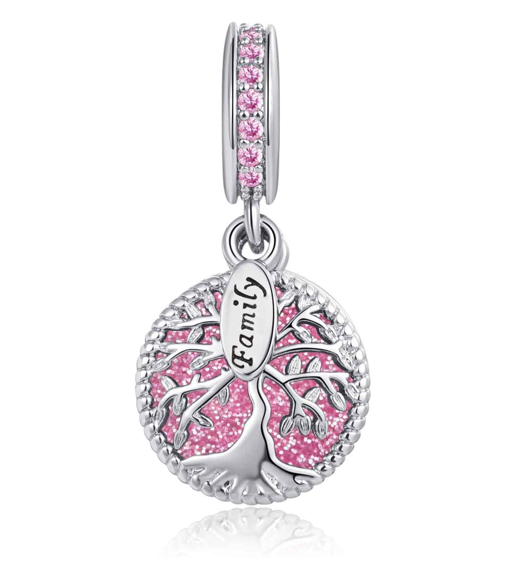 Sparkling Tree Of Life Family Charm Pink Charm for Bracelet, S925 Sterling Silver