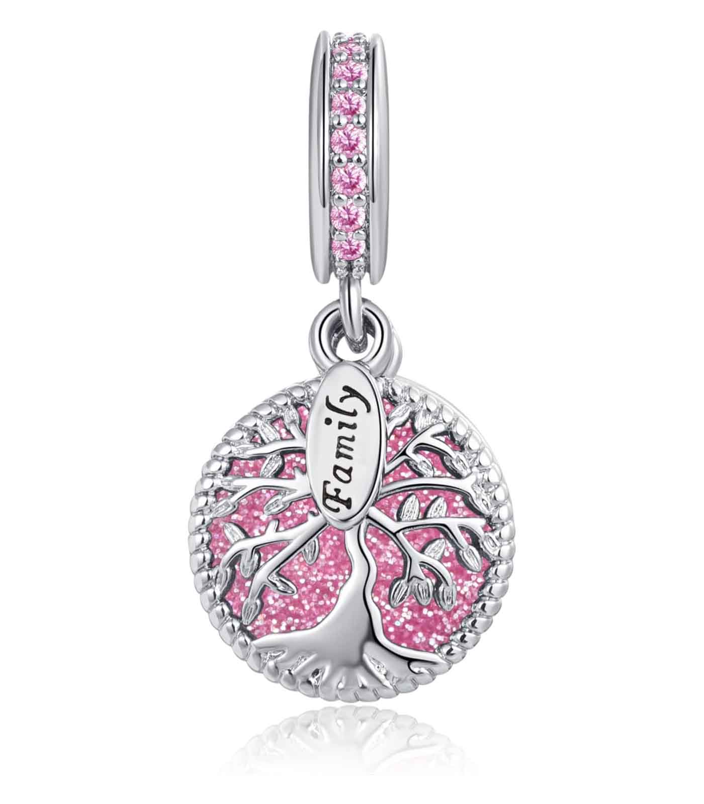 Sparkling Tree Of Life Family Charm Pink Charm for Bracelet, S925 Sterling Silver