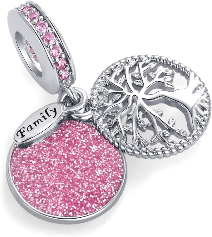 Sparkling Tree of Life Family Charm Pink Charm for Bracelet, S925 Sterling Silver