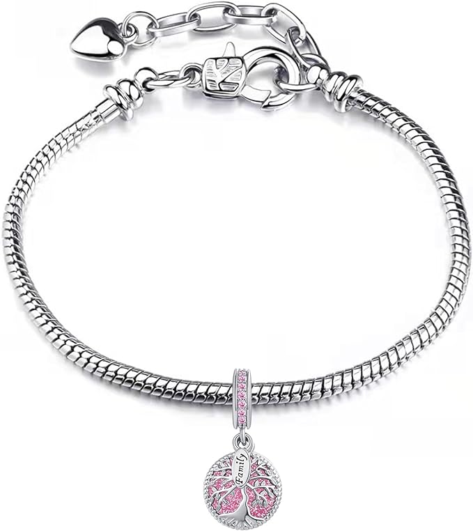 Sparkling Tree of Life Family Charm Pink Charm for Bracelet, S925 Sterling Silver
