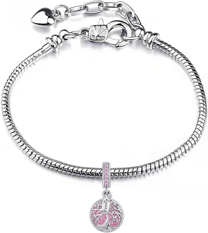 Sparkling Tree Of Life Family Charm Pink Charm for Bracelet, S925 Sterling Silver