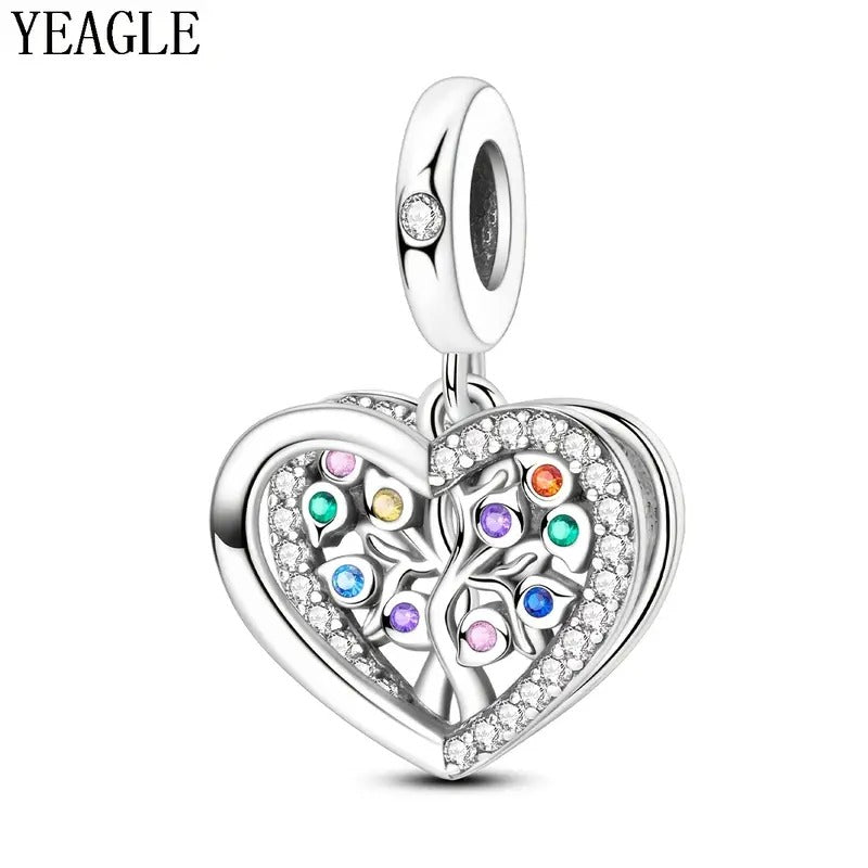 Sparkling Tree of Life Heart Dangle Sterling Silver Charm Hallmarked S925 for Charm Bracelet and Necklace