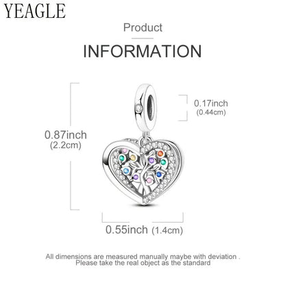 Sparkling Tree of Life Heart Dangle Sterling Silver Charm Hallmarked S925 for Charm Bracelet and Necklace