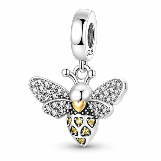 Sparkling Bee Dangle Sterling Silver Charm Hallmarked S925 for Charm Bracelet and Necklace