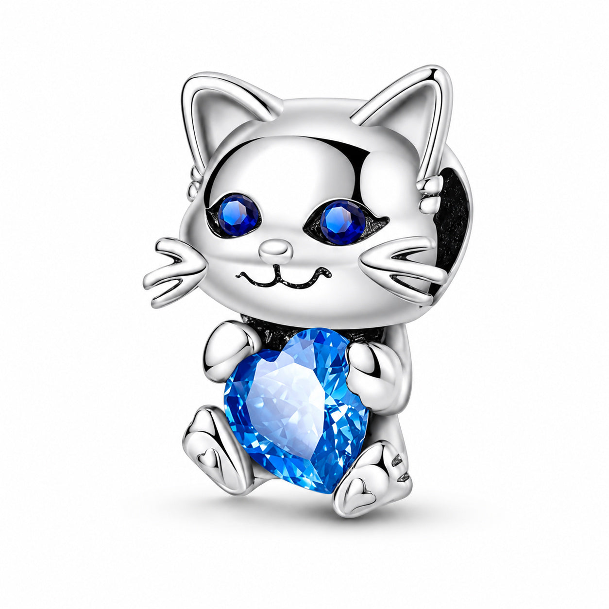 Sparkling Blue Cubic Zirconia Cute Cat Pet Charm for Bracelet, S925 Sterling Silver