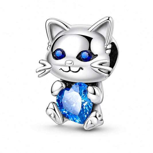 Sparkling Blue Cubic Zirconia Cute Cat Pet Charm for Bracelet, S925 Sterling Silver