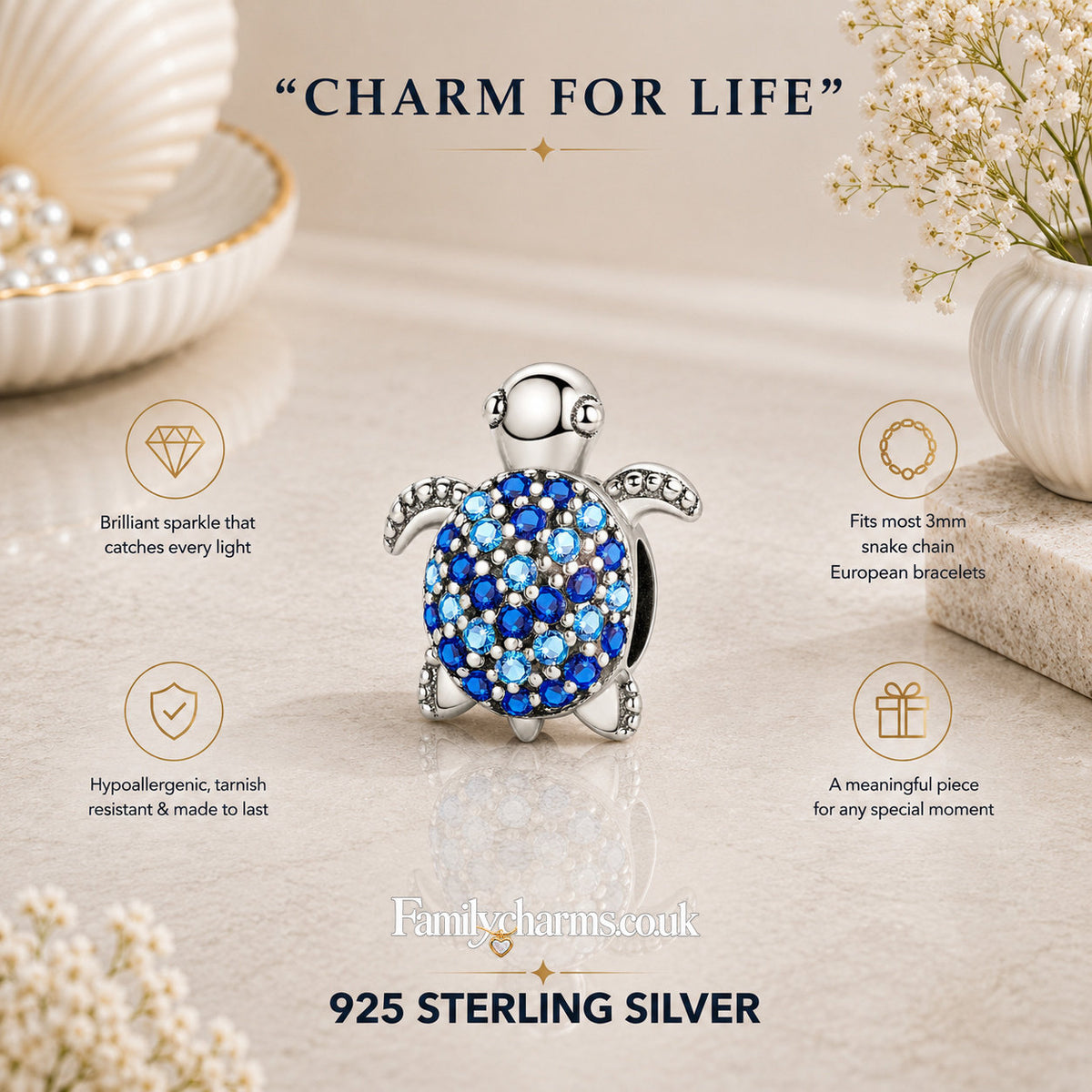 Sparkling Blue Turtle Bead Sterling Silver Charm Hallmarked S925 for Charm Bracelet and Necklace