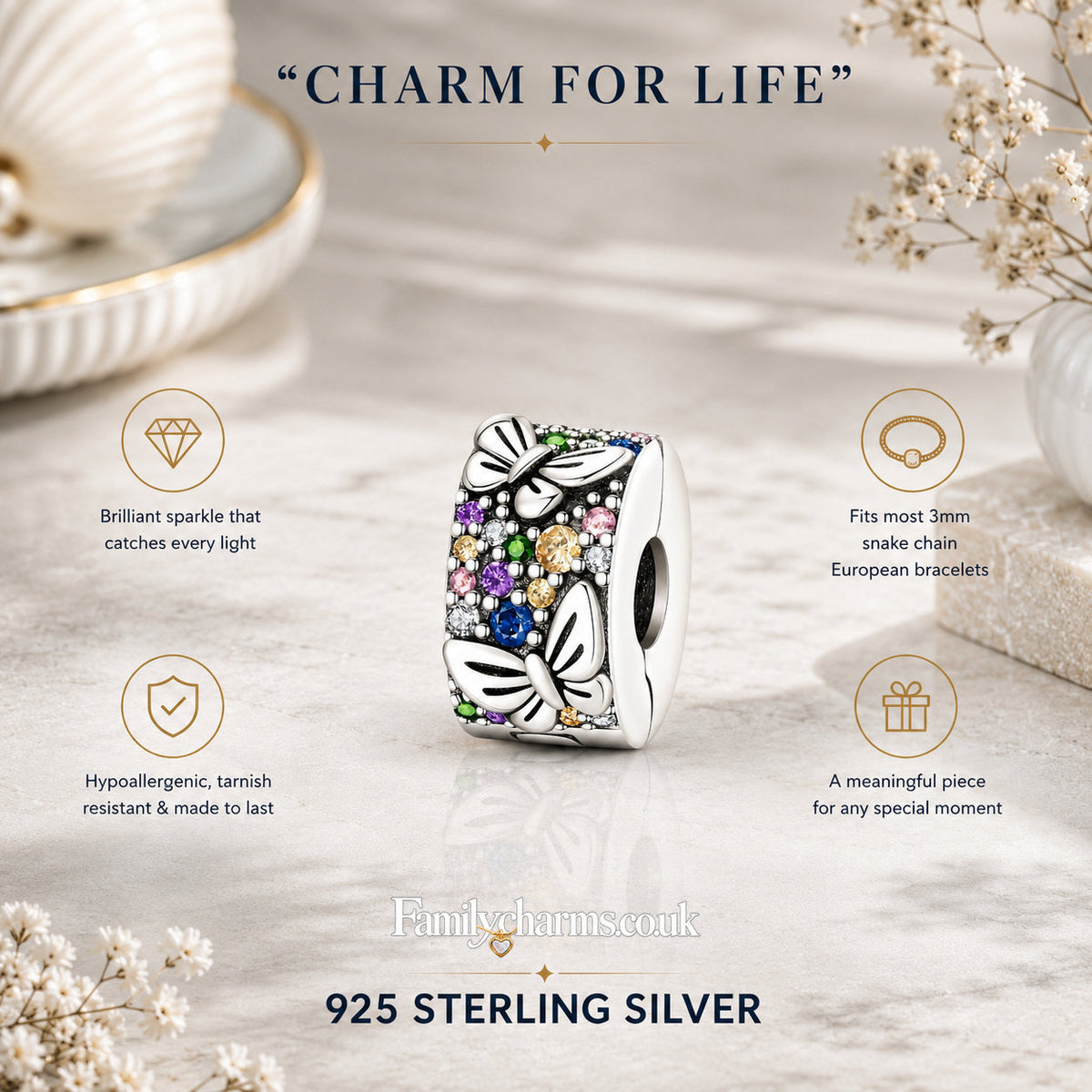 Sparkling Butterfly Clip Sterling Silver Charm Hallmarked S925 for Charm Bracelet and Necklace