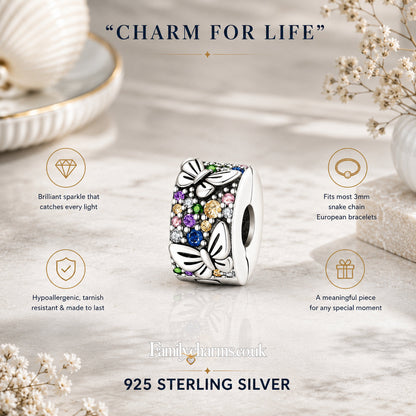 Sparkling Butterfly Clip Sterling Silver Charm Hallmarked S925 for Charm Bracelet and Necklace