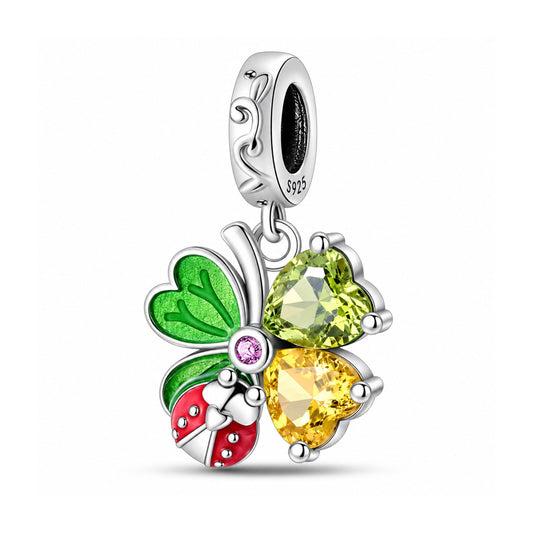 Sparkling Clover Leaf and Ladybug Sterling Silver Charm Hallmarked S925 for Charm Bracelet and Necklace
