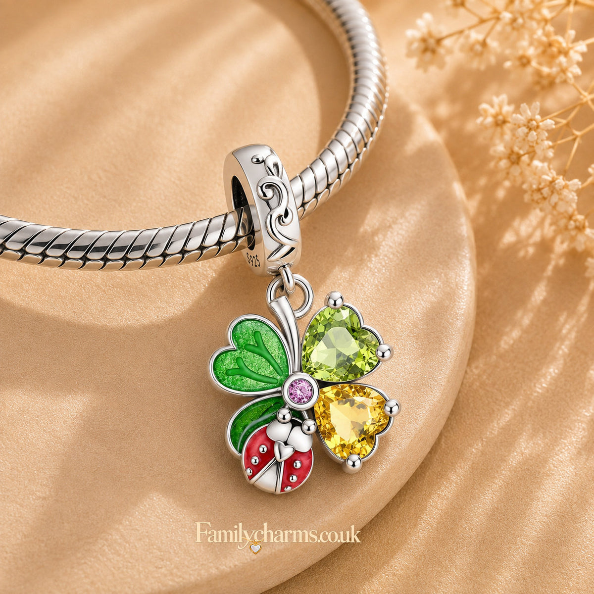 Sparkling Clover Leaf and Ladybug Sterling Silver Charm Hallmarked S925 for Charm Bracelet and Necklace