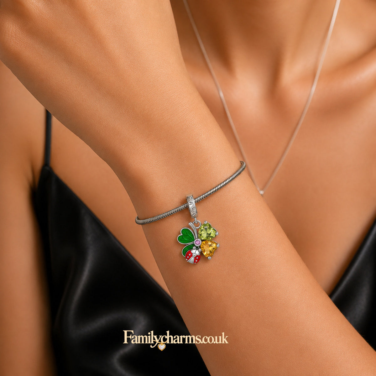 Sparkling Clover Leaf and Ladybug Sterling Silver Charm Hallmarked S925 for Charm Bracelet and Necklace