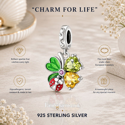 Sparkling Clover Leaf and Ladybug Sterling Silver Charm Hallmarked S925 for Charm Bracelet and Necklace