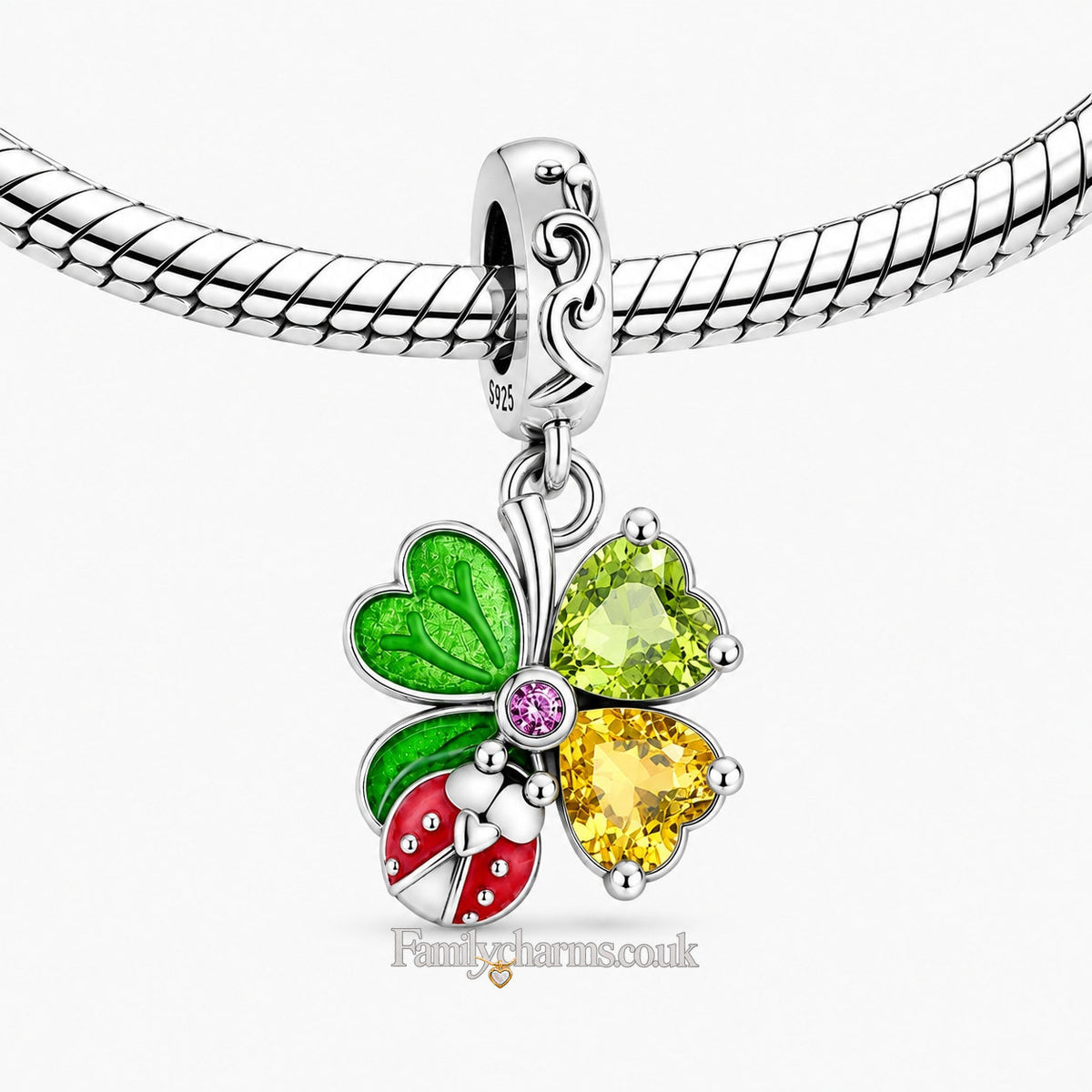 Sparkling Clover Leaf and Ladybug Sterling Silver Charm Hallmarked S925 for Charm Bracelet and Necklace