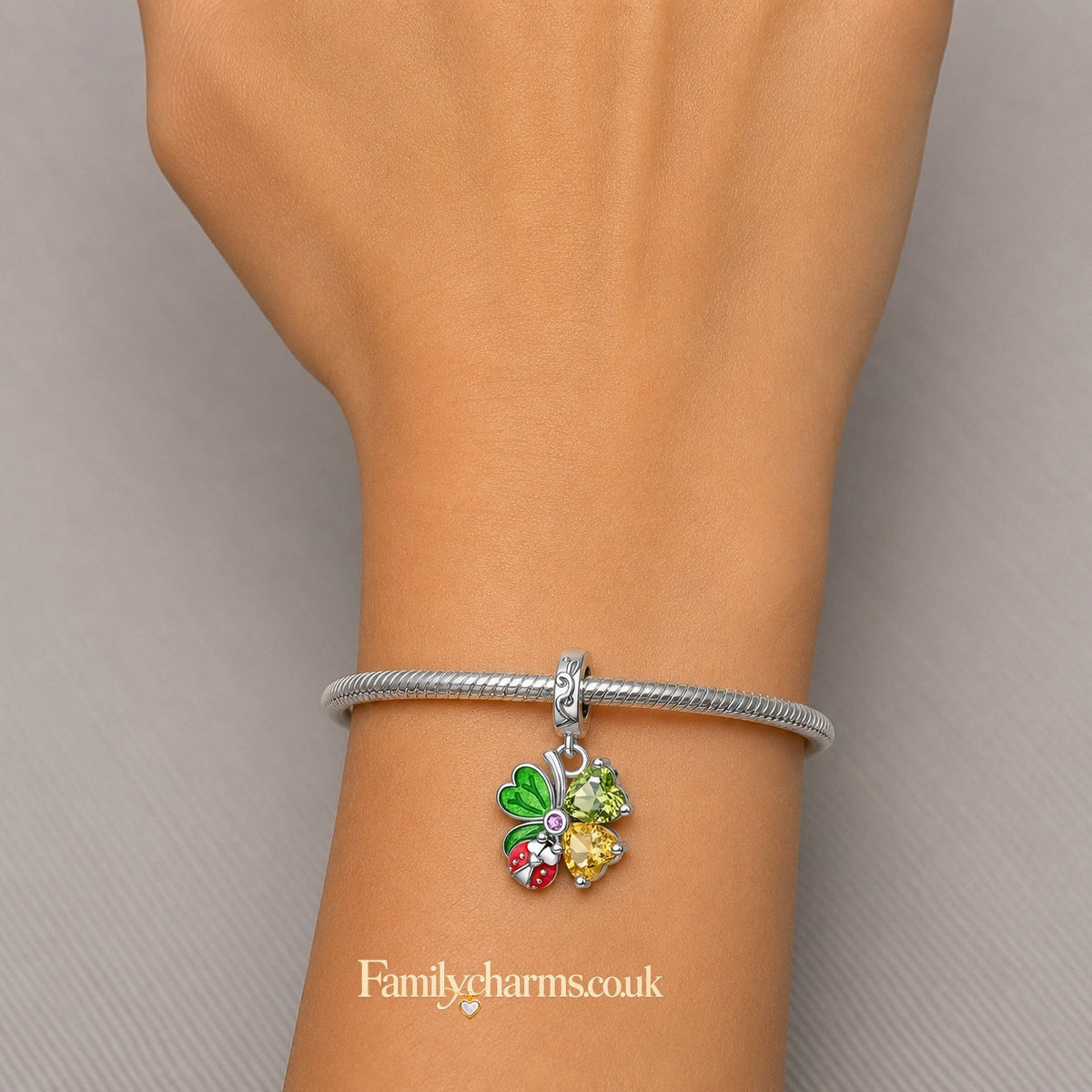 Sparkling Clover Leaf and Ladybug Sterling Silver Charm Hallmarked S925 for Charm Bracelet and Necklace
