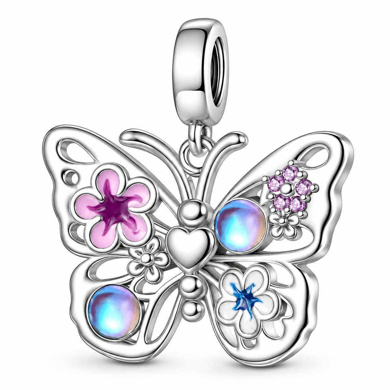 Sparkling Flying Butterfly Dangle Sterling Silver Charm Hallmarked S925 for Charm Bracelet and Necklace