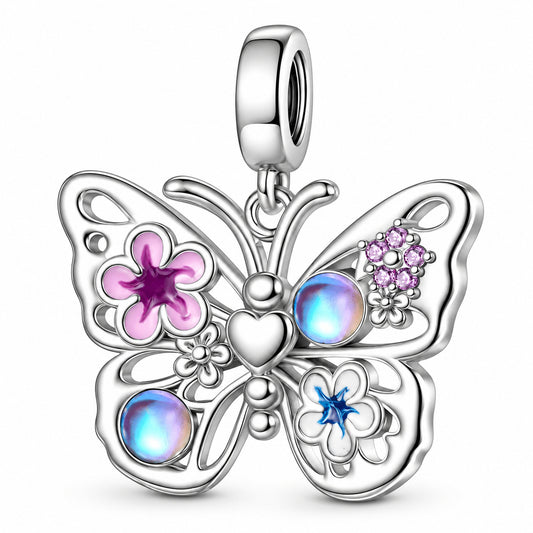 Sparkling Flying Butterfly Dangle Sterling Silver Charm Hallmarked S925 for Charm Bracelet and Necklace