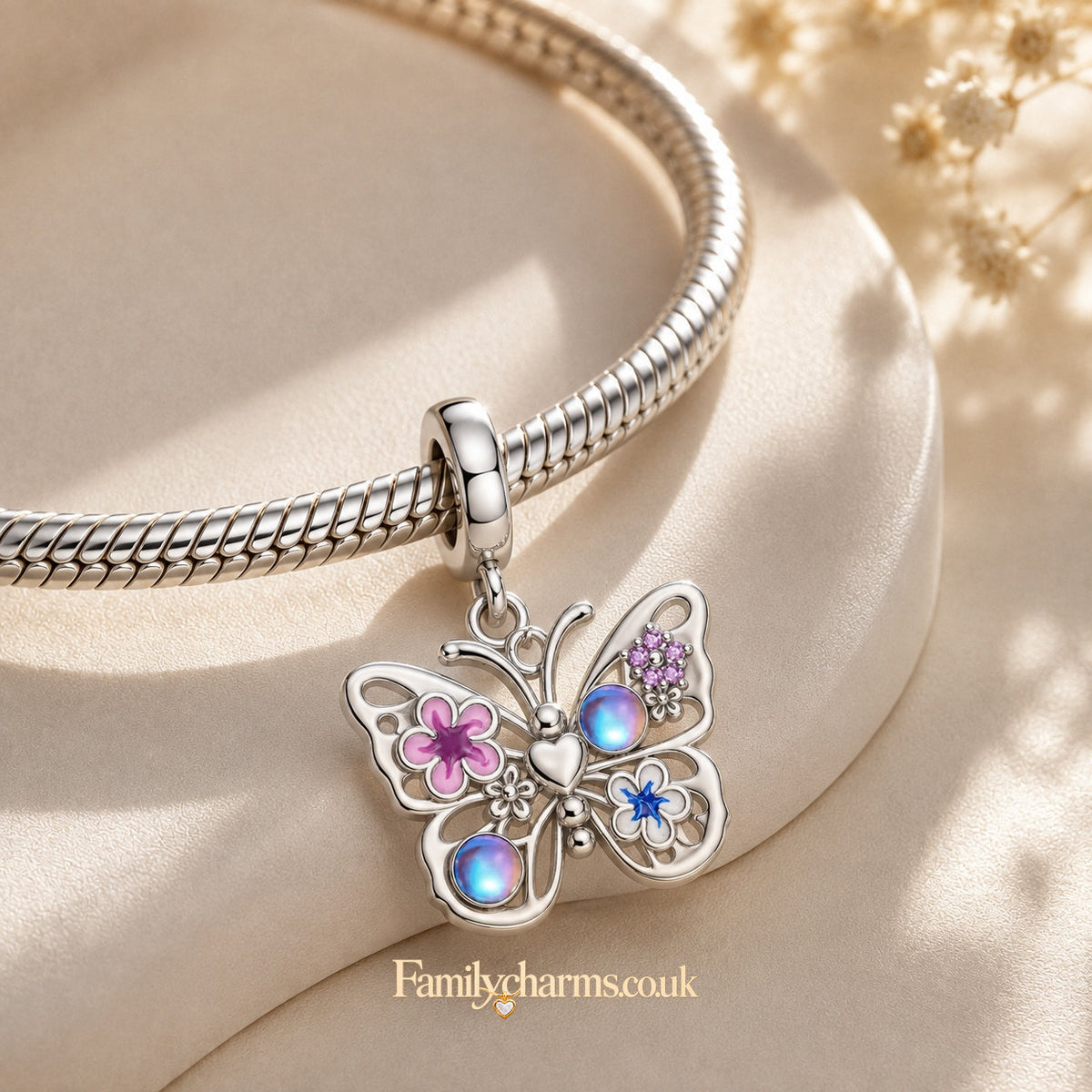 Sparkling Flying Butterfly Dangle Sterling Silver Charm Hallmarked S925 for Charm Bracelet and Necklace