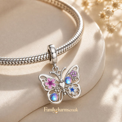 Sparkling Flying Butterfly Dangle Sterling Silver Charm Hallmarked S925 for Charm Bracelet and Necklace