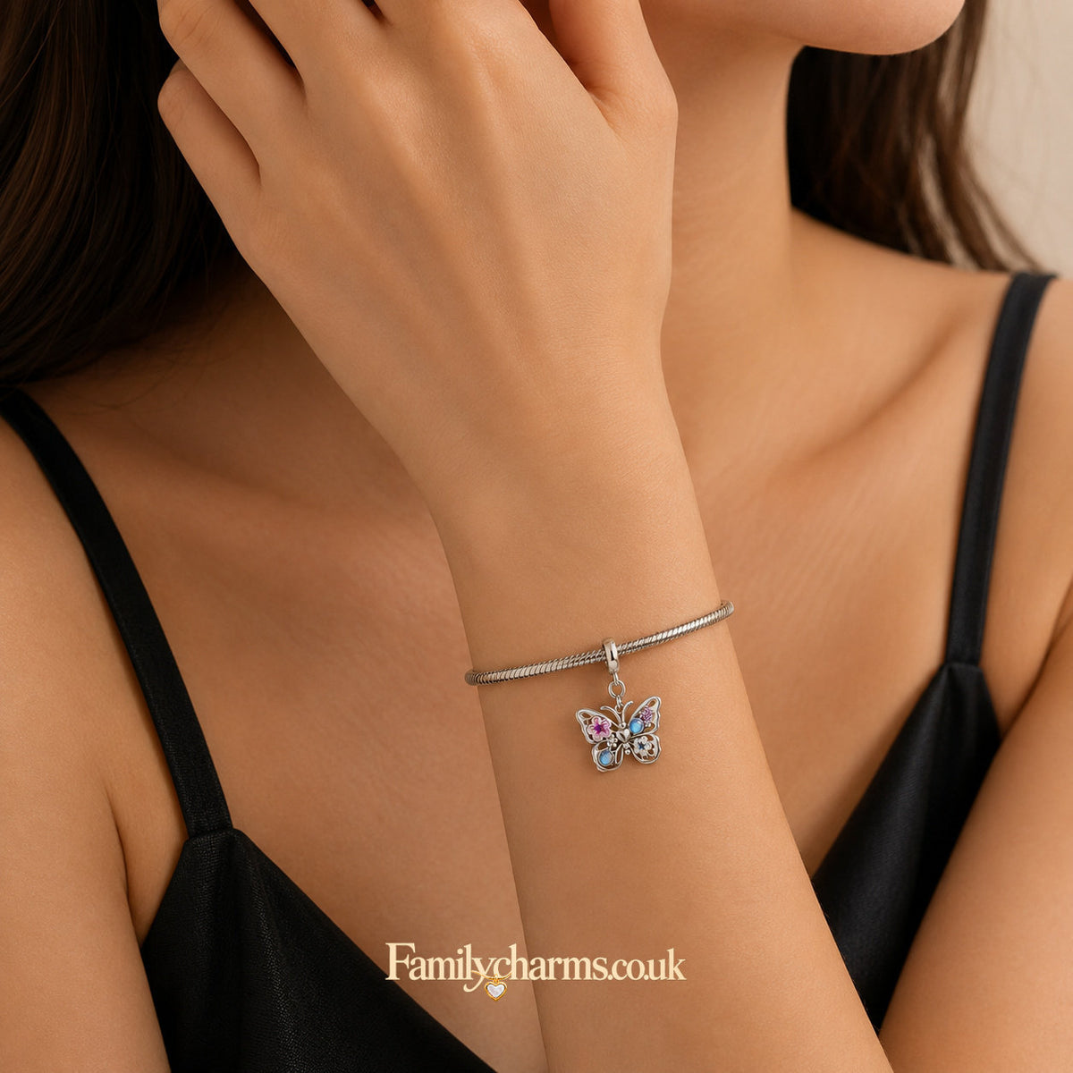 Sparkling Flying Butterfly Dangle Sterling Silver Charm Hallmarked S925 for Charm Bracelet and Necklace