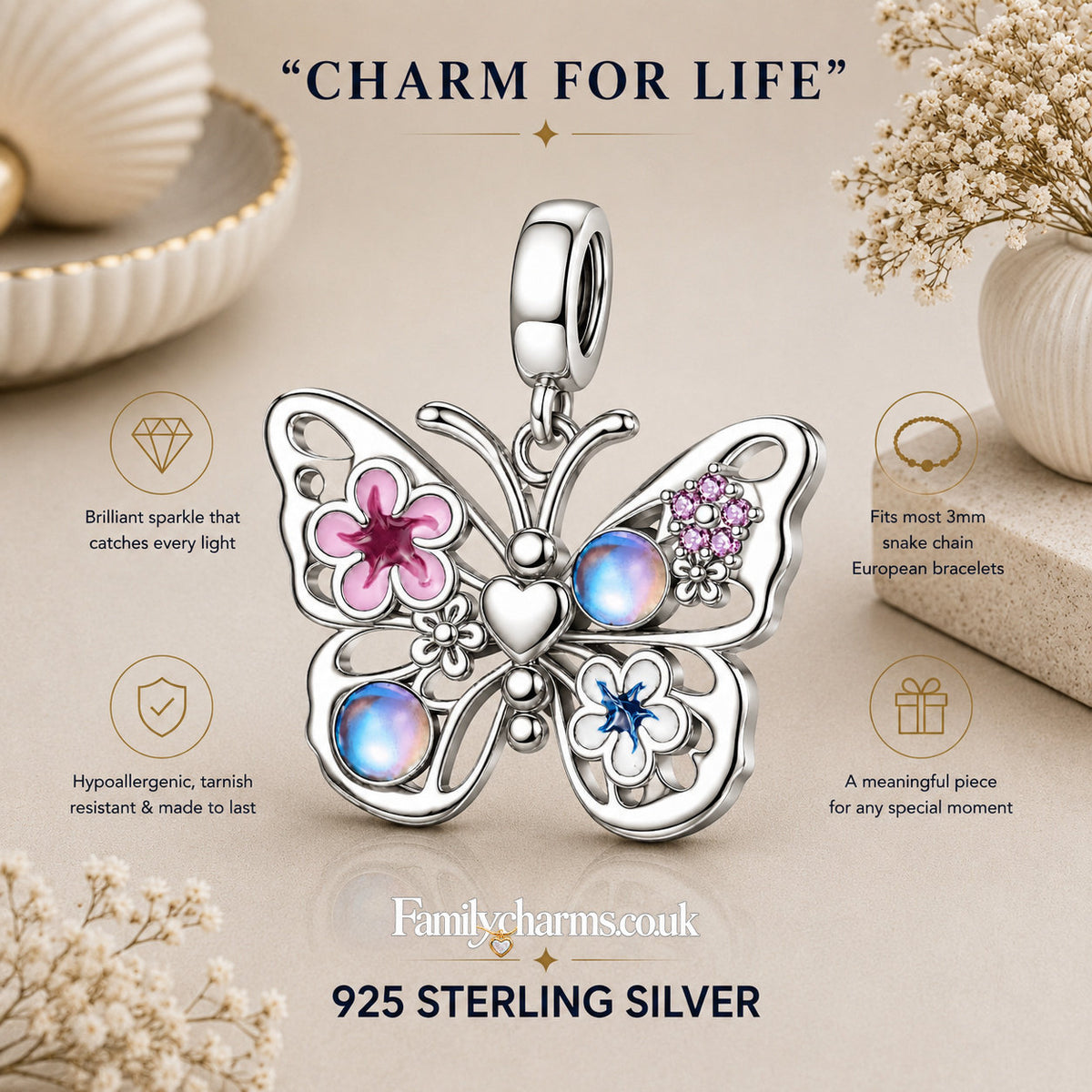 Sparkling Flying Butterfly Dangle Sterling Silver Charm Hallmarked S925 for Charm Bracelet and Necklace