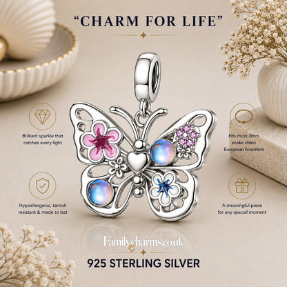 Sparkling Flying Butterfly Dangle Sterling Silver Charm Hallmarked S925 for Charm Bracelet and Necklace