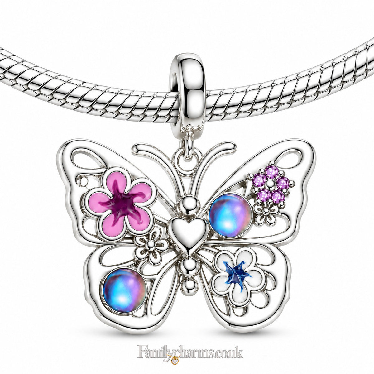 Sparkling Flying Butterfly Dangle Sterling Silver Charm Hallmarked S925 for Charm Bracelet and Necklace