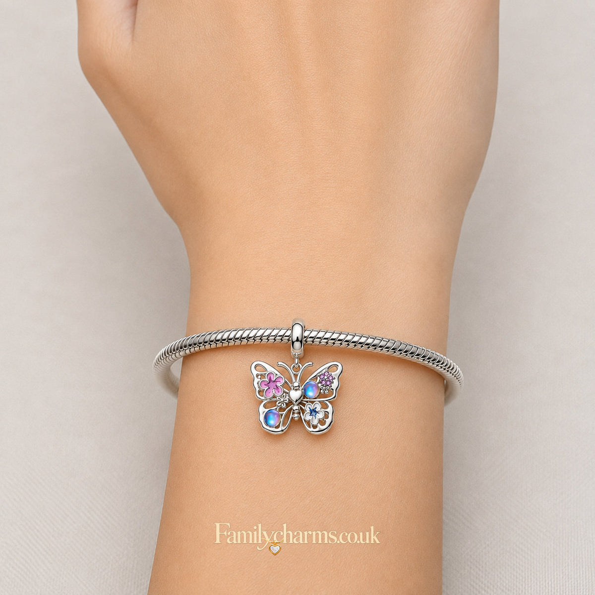 Sparkling Flying Butterfly Dangle Sterling Silver Charm Hallmarked S925 for Charm Bracelet and Necklace