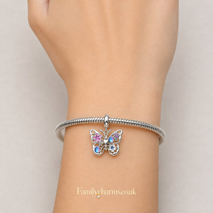 Sparkling Flying Butterfly Dangle Sterling Silver Charm Hallmarked S925 for Charm Bracelet and Necklace