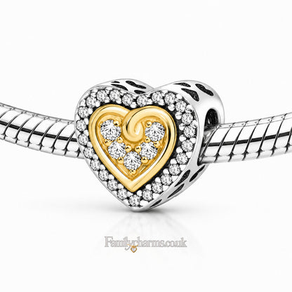 Sparkling Heart in Heart Bead Charm Hallmarked S925 for Charm Bracelet and Necklace